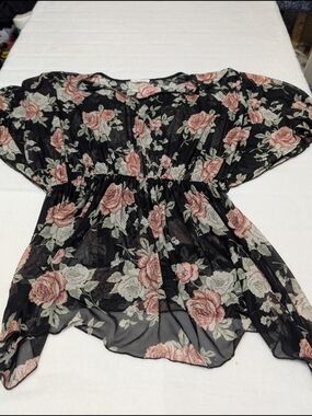 Floral Sheer Black Blouse with Pink Rose Print Size 1x Whimsgoth